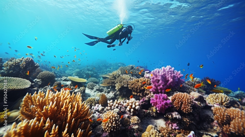 Female scuba diver exploring colorful coral reef and exotic fish in tropical sea