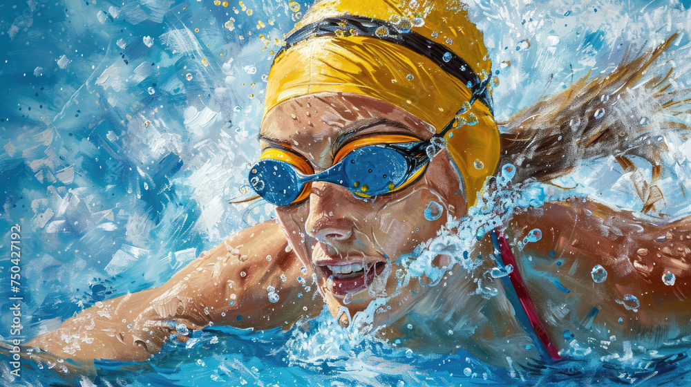 A dynamic painting of a female swimmer in action, water splashing around as she moves swiftly.