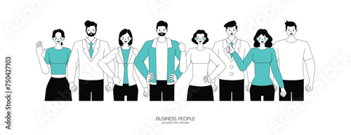 Business people group character flat and minimal vector illustration design style. Teamwork concept. Presentation in various action. People working in office planning, thinking and economic analysis.