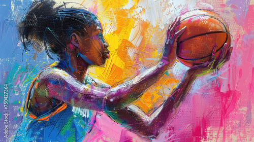 Colorful painting of a female basketball player holding a ball. photo