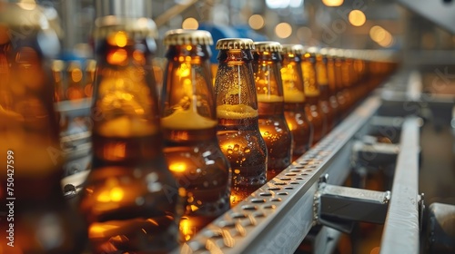 Close-up of beer bottles on a conveyor system in a manufacturing plant.