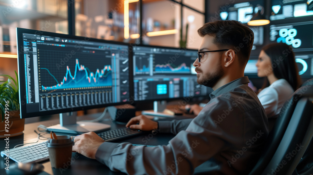Man crypto broker, trader analyst looking at computer monitor, investor broker analyzing indexes, financial chart trading online investment data on cryptocurrency stock market graph on screen Man crypto broker, trader analyst looking at computer monitor, investor broker analyzing indexes, financial chart trading online investment data on cryptocurrency stock market graph on screen
