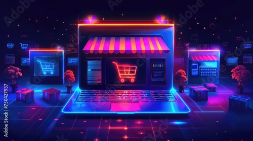 A neon-lit laptop screen showcasing a virtual storefront, indicative of online shopping and digital markets.