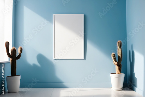 Close up bright modern light blue room interior background with white blank portrait poster space leaning on light blue wall background by cactus plant © Giuseppe Cammino