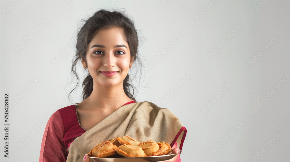 Chef-inspired young lady in saree holding a plate with delectable Gujiya Chef-inspired young lady in saree holding a plate with delectable Gujiya