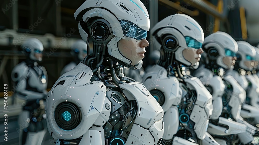 Fototapeta premium Futuristic humanoid robots in a warehouse setting.