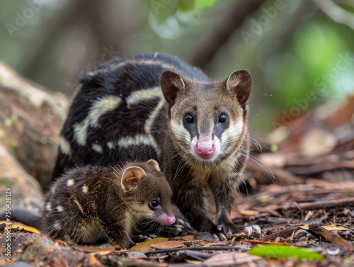Protective quoll mother with her offspring in a natural bushland setting.
