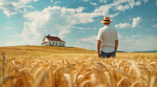 Male farmer in hat standing in wheat field with mansion in the background. Concept Farm Life, Wheat Field, Rural Living, Nature, Country Living © Anastasiia