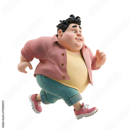 Cartoon character of fat kid happily jogging on PNG transparent background.