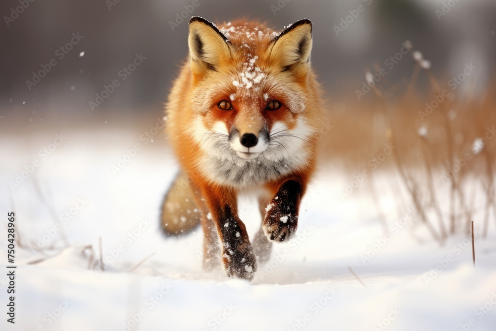 Fototapeta premium Lone red fox standing alert in a snowy winter field, Beautiful Red Fox in a snow-covered field hunting, late afternoon sunlight., Ai generated