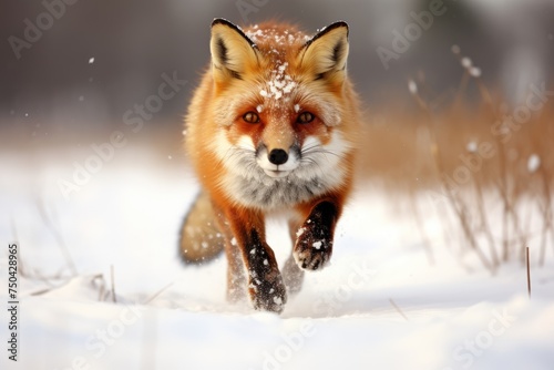 Lone red fox standing alert in a snowy winter field, Beautiful Red Fox in a snow-covered field hunting, late afternoon sunlight., Ai generated © Tanu