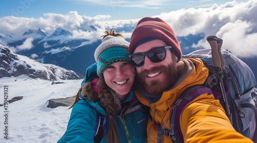 A selfie of couple man and woman on snow mountain outdoor activity adventrue.