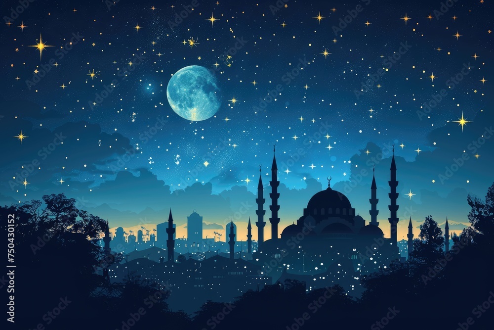 ramadan decoration and islamic watercolour  greeting card background with a mosque landscape - obrazy, fototapety, plakaty 