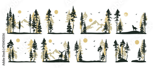 frame of tall pine trees and mountains vector
