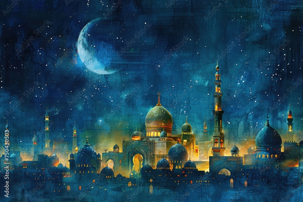 ramadan decoration and islamic watercolour  greeting card background with a mosque landscape