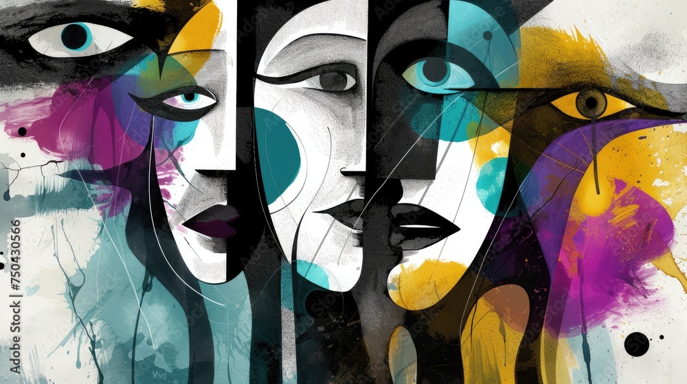Creative fusion of abstract black and white cubist faces with lively splatters of teal, maroon, blue, yellow and purple, vibrant artistic illustration Creative fusion of abstract black and white cubist faces with lively splatters of teal, maroon, blue, yellow and purple, vibrant artistic illustration