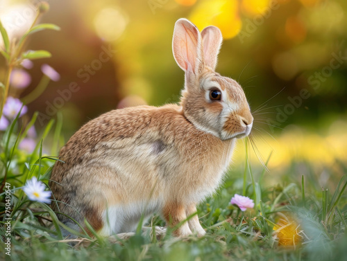 A rabbit in the grass with soft flowers, sunlight casting a warm glow behind it.