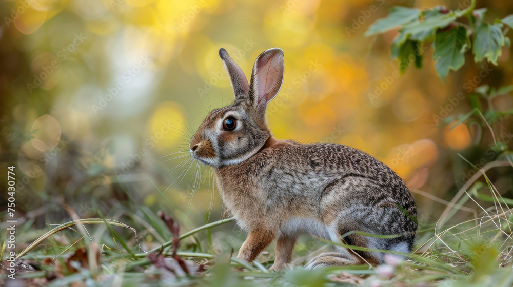 Fototapeta premium A rabbit in the grass, sunlight casting a warm glow behind it.