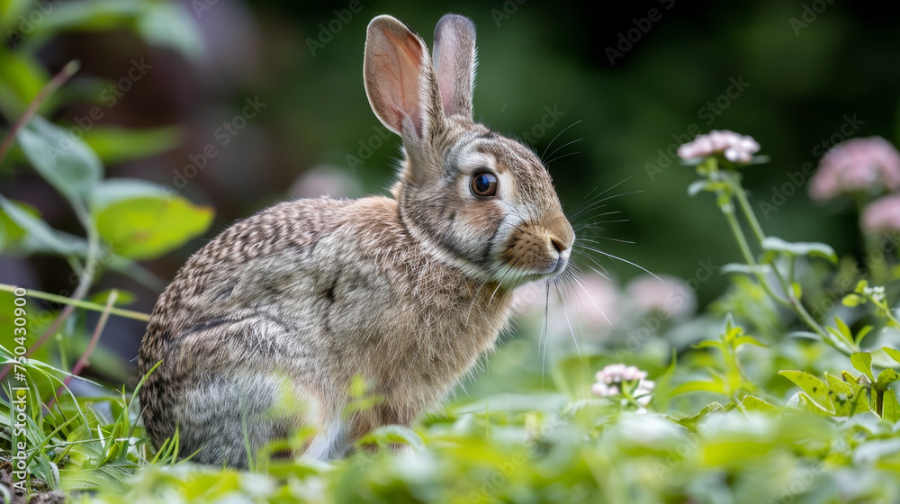 A watchful rabbit among green foliage, with soft pink flowers in the background. A watchful rabbit among green foliage, with soft pink flowers in the background.