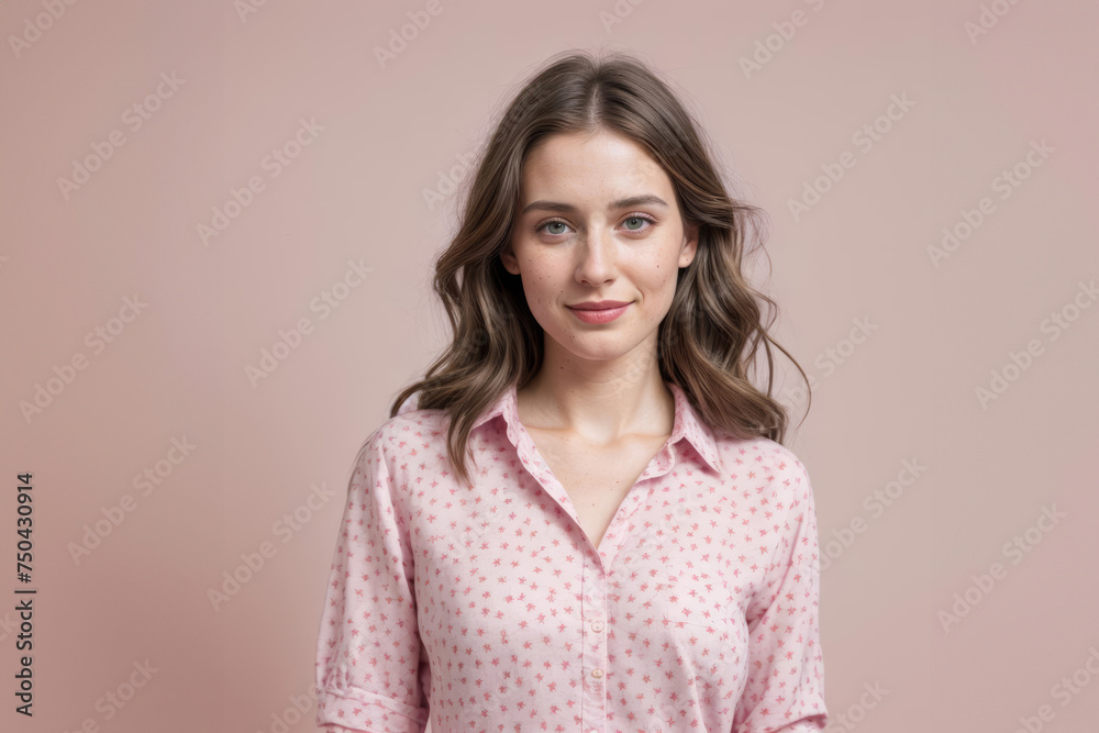 Portrait of cheerful beautiful woman posing in studio over pink background. People, happiness, confident, emotions and lifestyle concept Portrait of cheerful beautiful woman posing in studio over pink background. People, happiness, confident, emotions and lifestyle concept