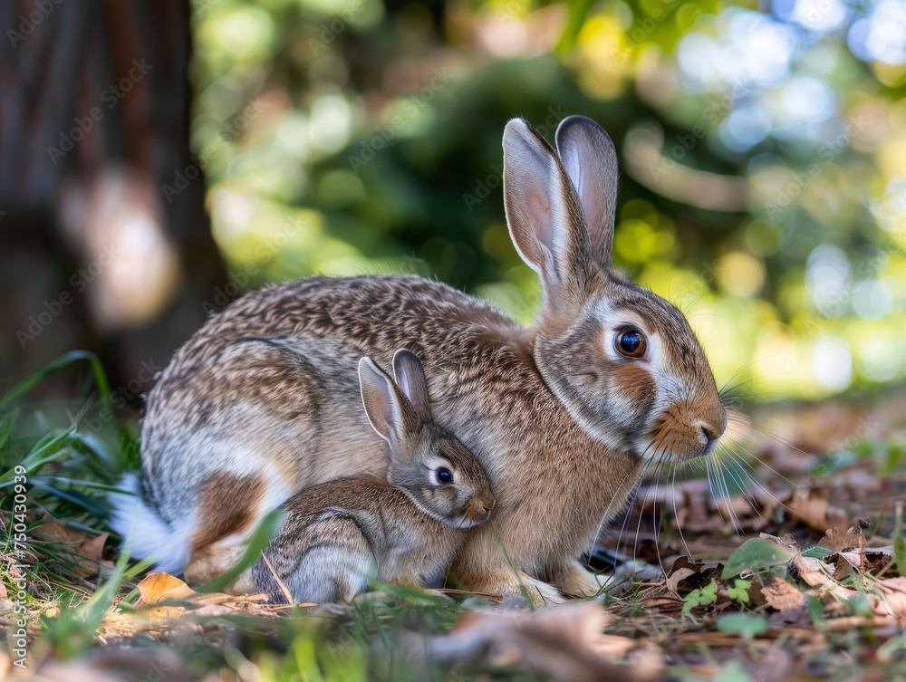 Fototapeta premium A mother rabbit with her kit, cuddles on the forest floor.
