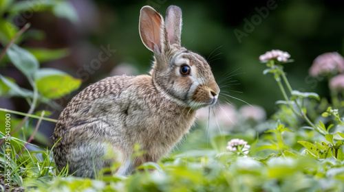 A watchful rabbit among green foliage, with soft pink flowers in the background. © Jan