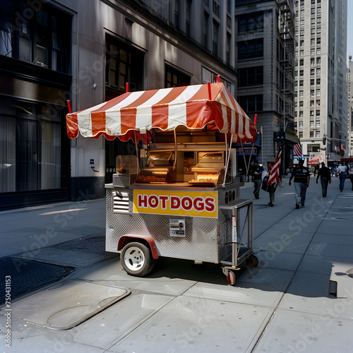 A Hotdog cart in a big city 