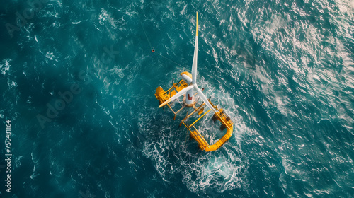 From a bird's-eye view, an engineer meticulously maintains a wind turbine at sea