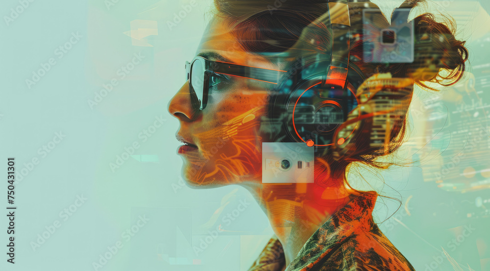 A woman with VR headset displaying futuristic interface screens. Concept of Virtual Reality and Spatial Computing.