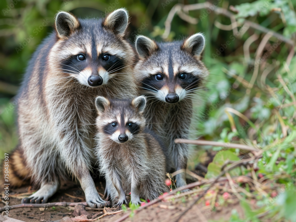 A raccoon family together, with a watchful mother and her kits.