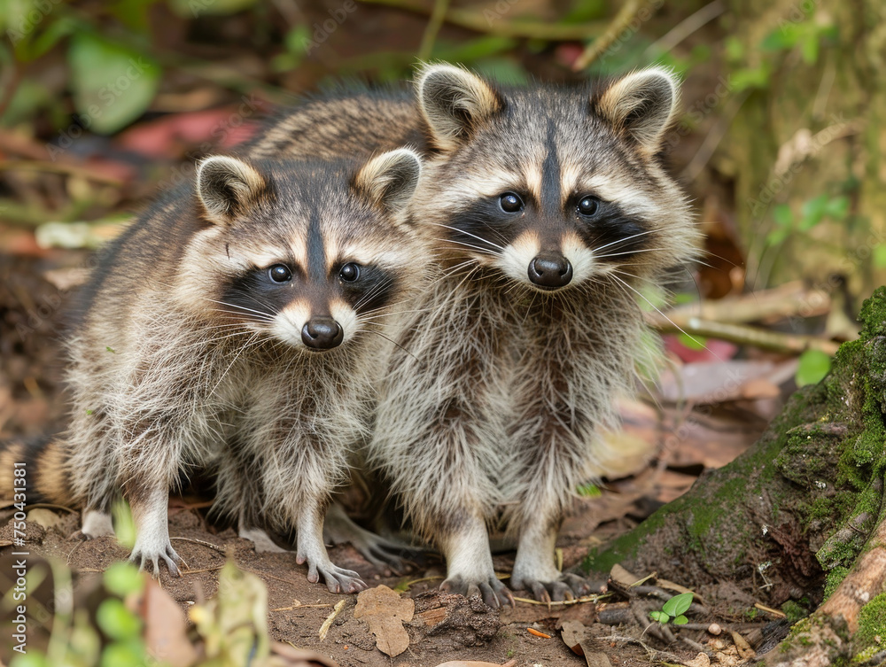 Two raccoon siblings side by side, their curious eyes captivate.