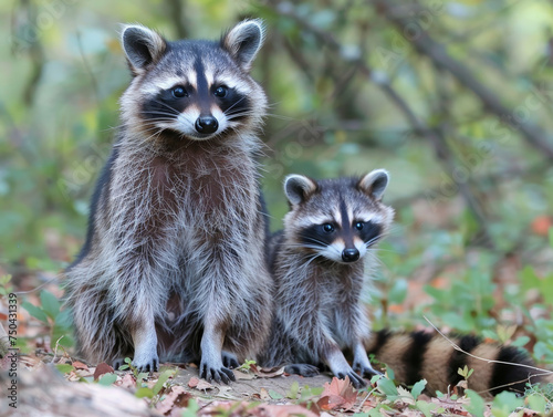 A raccoon family together, with a watchful mother and her kit.