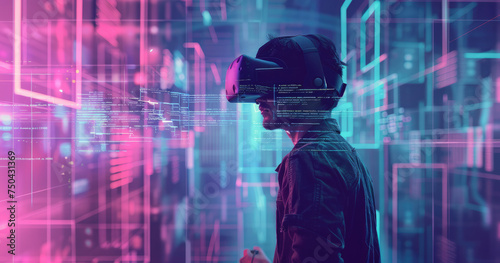 A man with VR headset displaying futuristic interface screens. Concept of Virtual Reality and Spatial Computing.