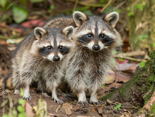 Two raccoon siblings side by side, their curious eyes captivate.