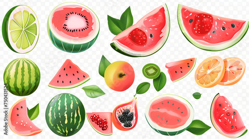 Watermelon with slices. Vector set. Illustration concept for mobile website and internet development,Falling watermelon fruit on transparent background. Blurred and realistic watermelon slices 