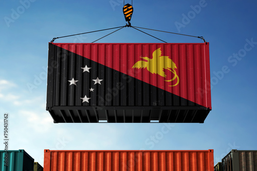 Papua New Guinea trade cargo container hanging against clouds background