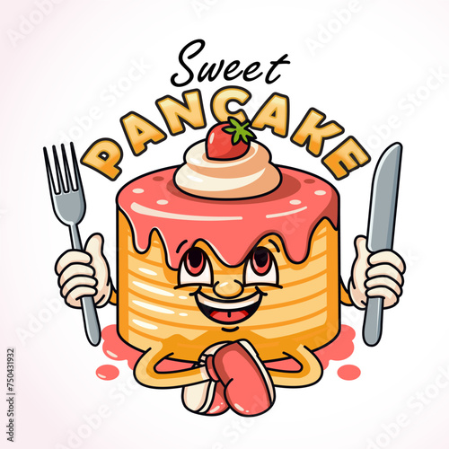 Sweet Pancake holding fork and knife cake retro mascot character. Perfect for logos, mascots, t-shirts, stickers and posters photo