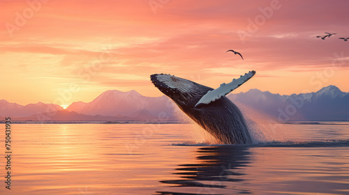Seascape with Whale tail. The humpback whale big tail dripping with water