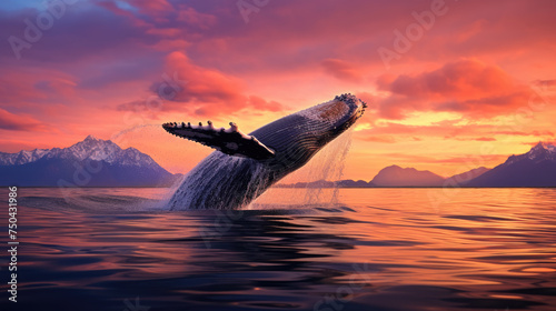 Seascape with Whale tail. The humpback whale big tail dripping with water © Shaman4ik