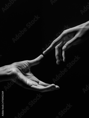 Hände berühren sich als Druckvorlage für Trauerkarten in schwarz weiß mit Platzhalter, ai generativ