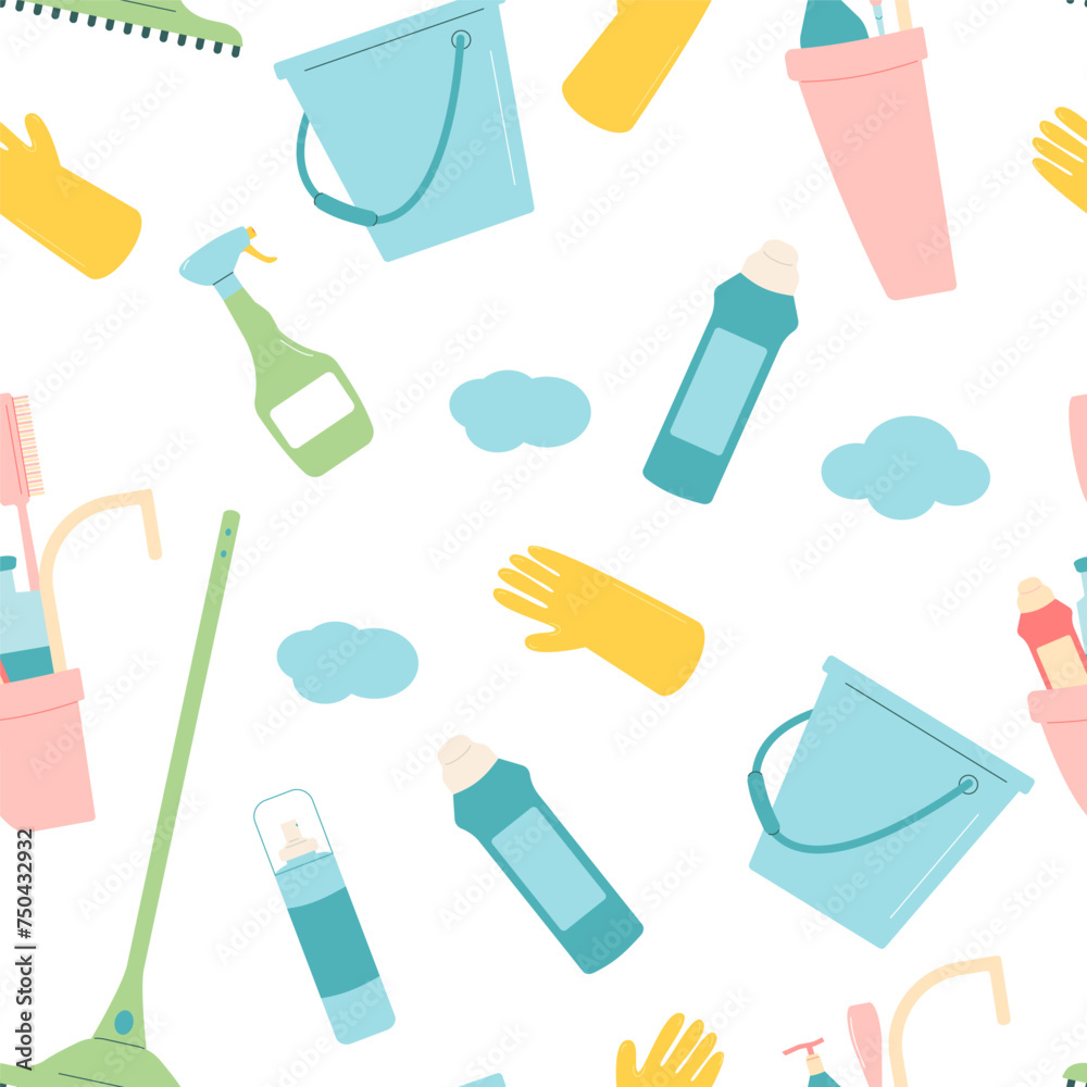 Cleaning seamless pattern. Equipment elements for wash house endless background on white background. Housework service covert. Bucket, gloves and mop spray bottle various tools. Vector illustration