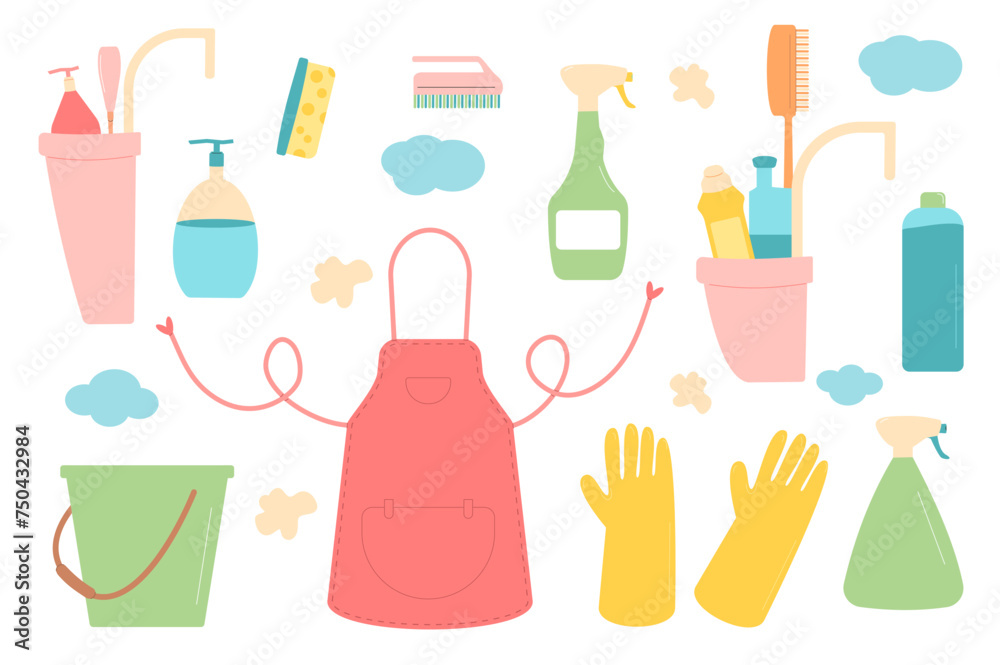 Spring cleaning set. Equipment elements for wash home isolated on white background. Housework concept. Bucket, apron gloves and mop spray various tools. Vector flat illustration