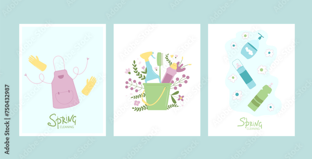 Spring cleaning poster set. Bucket, apron gloves and mop spray various tools banners. Equipment elements for wash home backgrounds collection. Housework card concept. Vector flat illustration