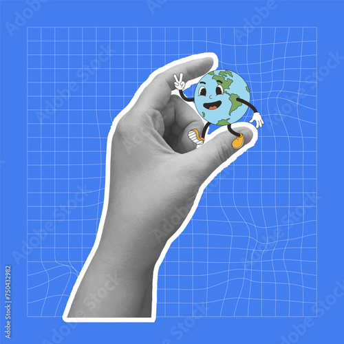 Happy earth in retro style. Mascot rubber hose in collage hand. Save the planet. Vector illustration