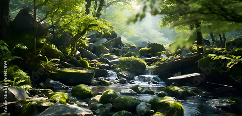 Mountain stream in the forest with rocks and moss in summer.