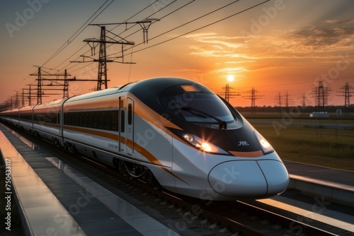 Modern high-speed train moving on high-speed rail at sunset outside the urban area
