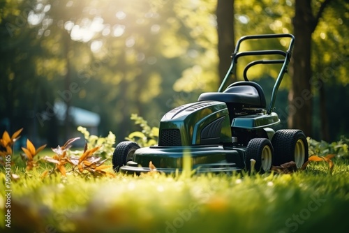 Beautiful lawn mower machine on lush green lawn for garden care and grass cutting