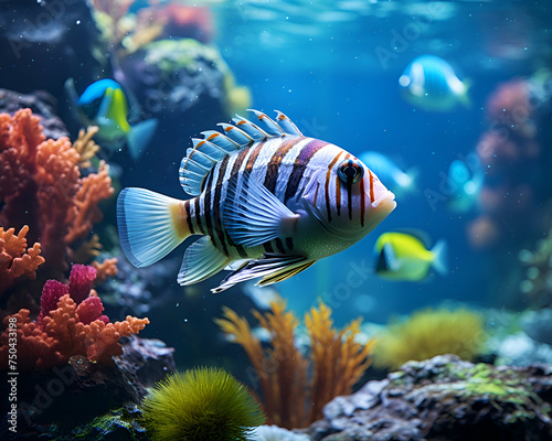 Tropical fish swimming in the aquarium. Underwater world.