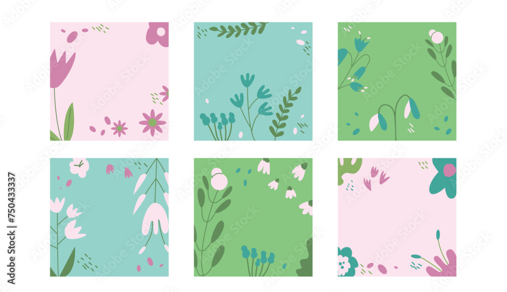 Spring backgrounds set. Flower abstract banner template collection. Card with floral elements and copy space. Vector flat illustration