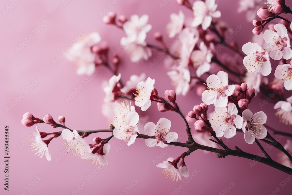 Beautiful cherry blossom branch on soft pink blurred background, spring nature scene